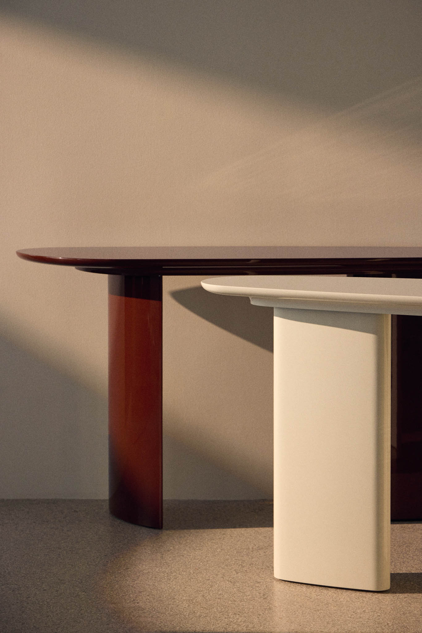 6-Tangent Console glossy oxblood and glossy off-white by DK3 at Savannah Bay Gallery